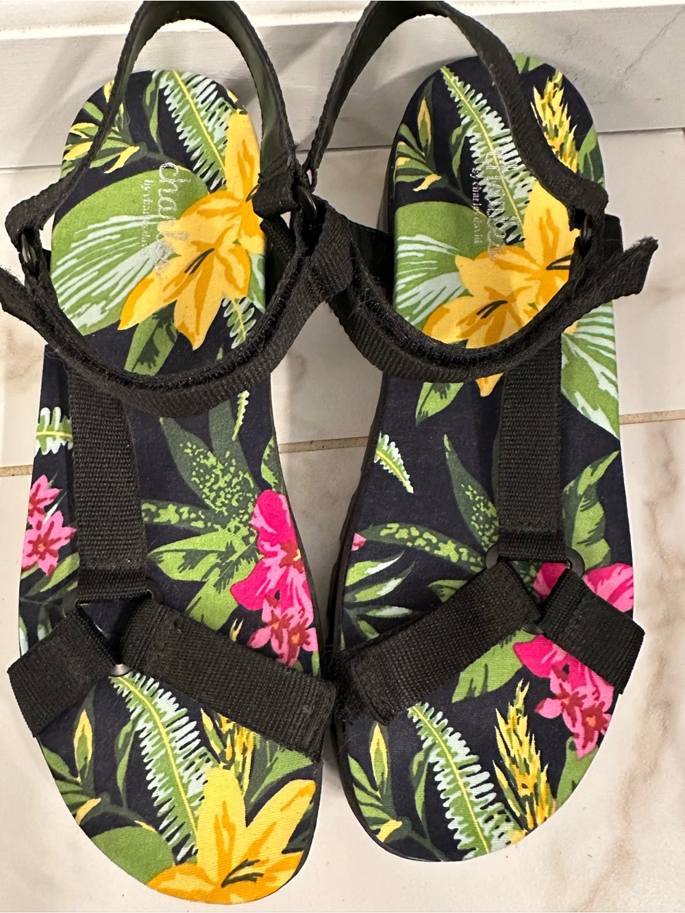 Charles By Charles David Black Floral Strap Sandals with Yellow & Pink Flowers